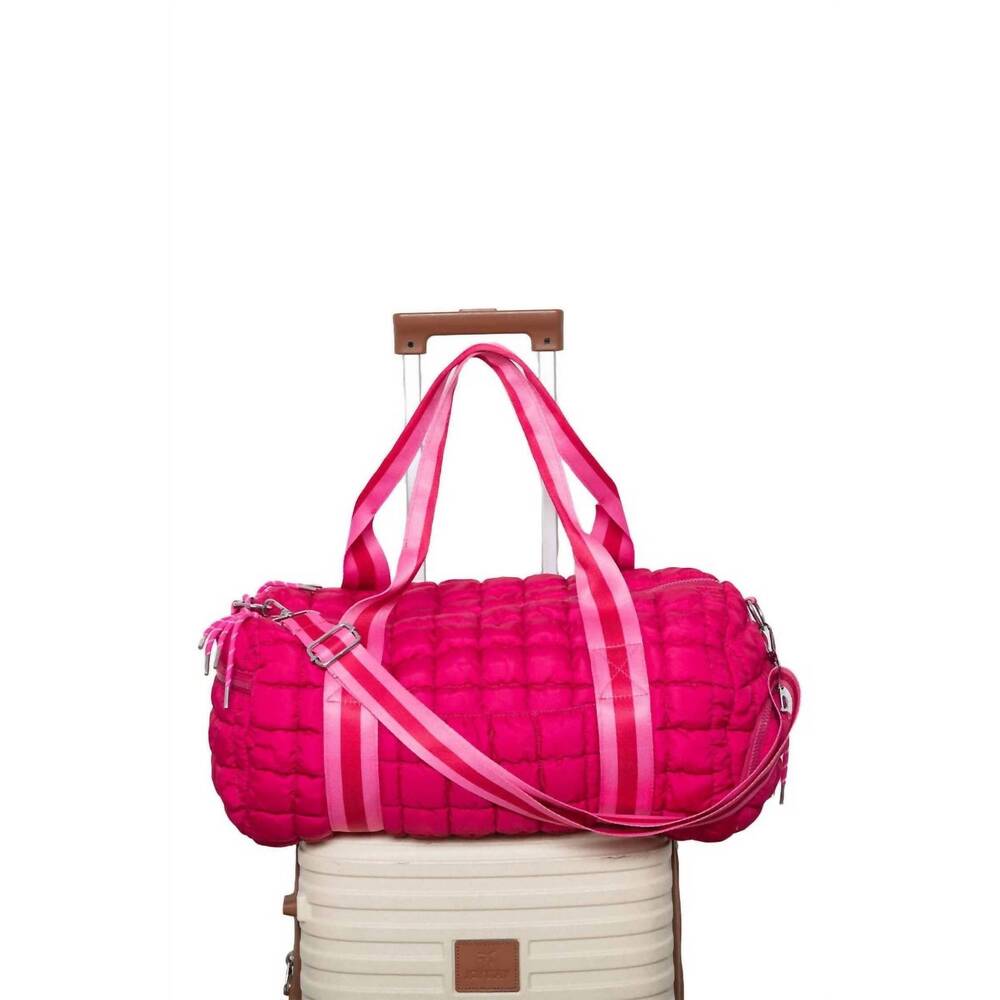 NEW KATYDID women's striped quilted duffel weekender bag in hot pink